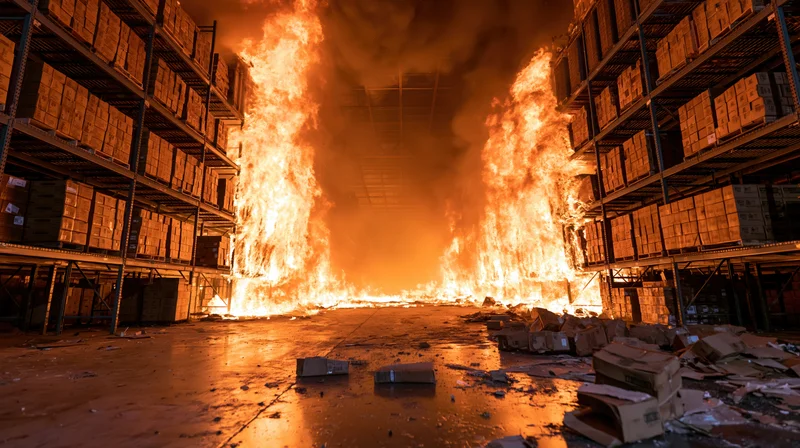 Large industrial warehouse interior engulfed in intense flames with burning shelves and scattered debris