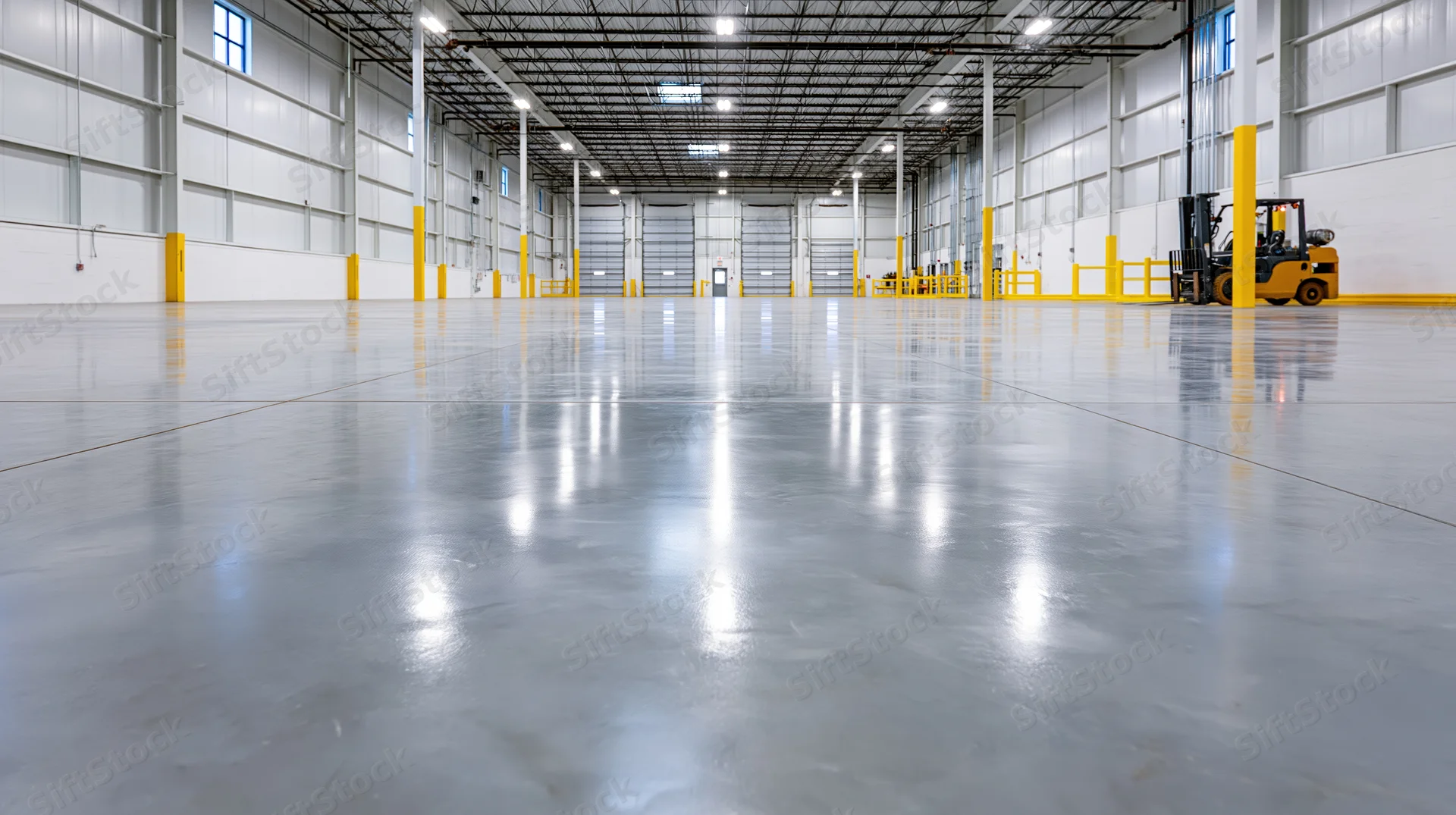 Low-angle view of empty industrial warehouse interior with polished concrete floor and yellow safety bollards