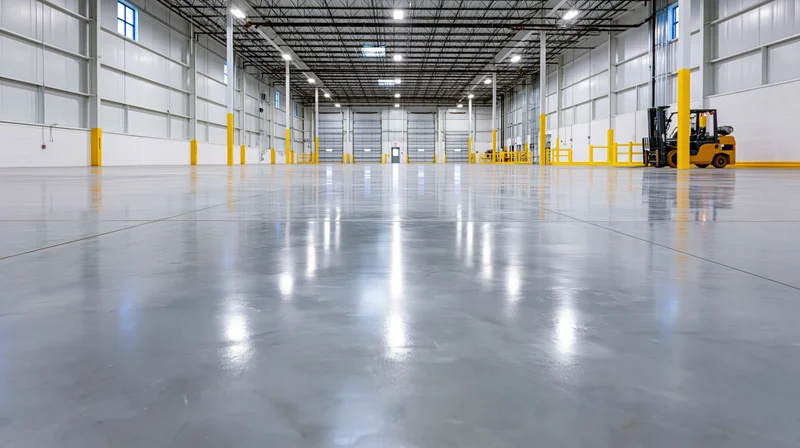 Low-angle view of empty industrial warehouse interior with polished concrete floor and yellow safety bollards