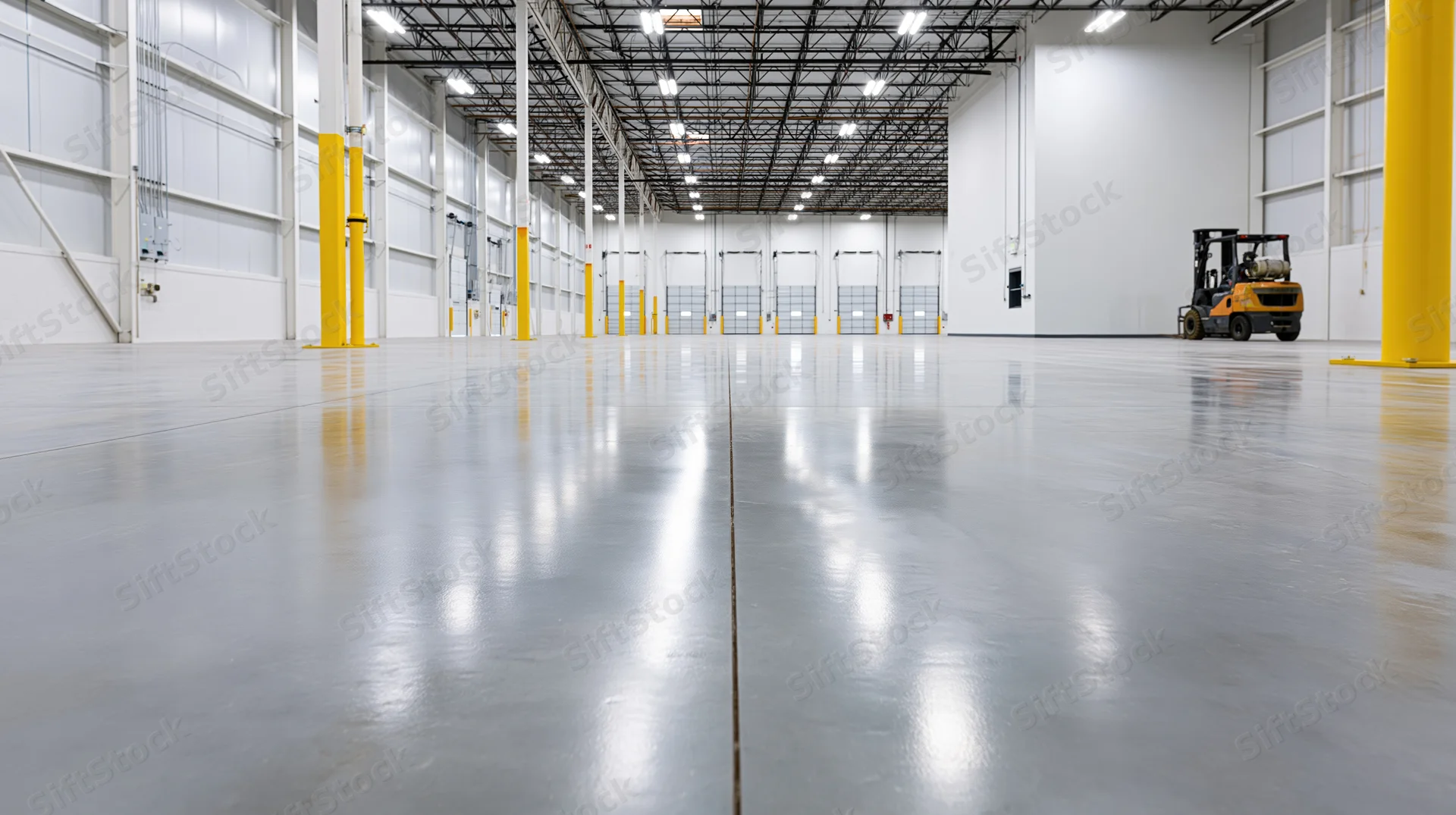 Low-angle view of empty warehouse interior with polished concrete floor and yellow support columns