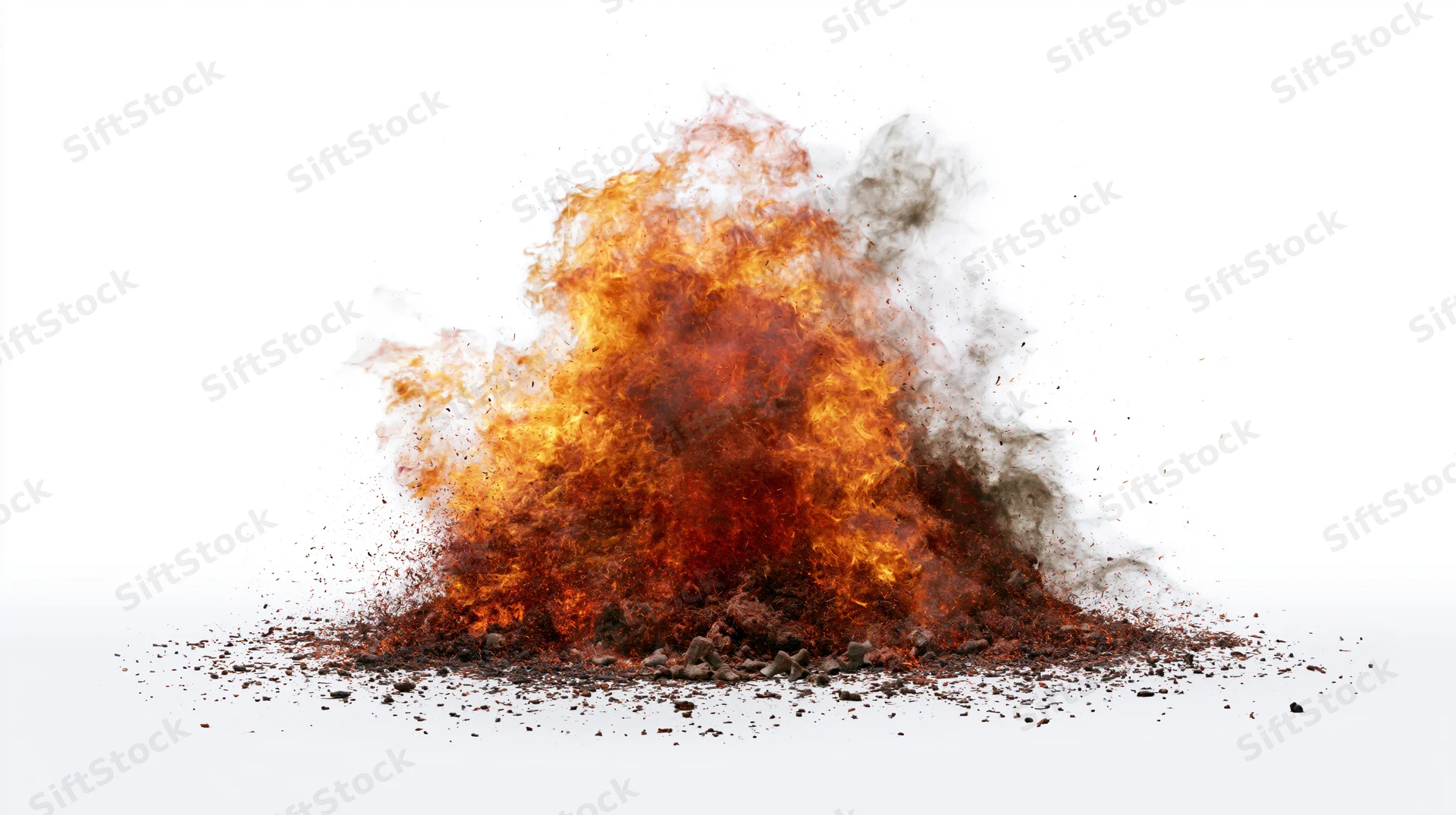 Intense fire explosion with flames and smoke erupting from ground on white studio background