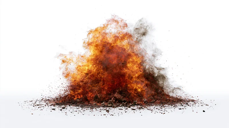 Intense fire explosion with flames and smoke erupting from ground on white studio background