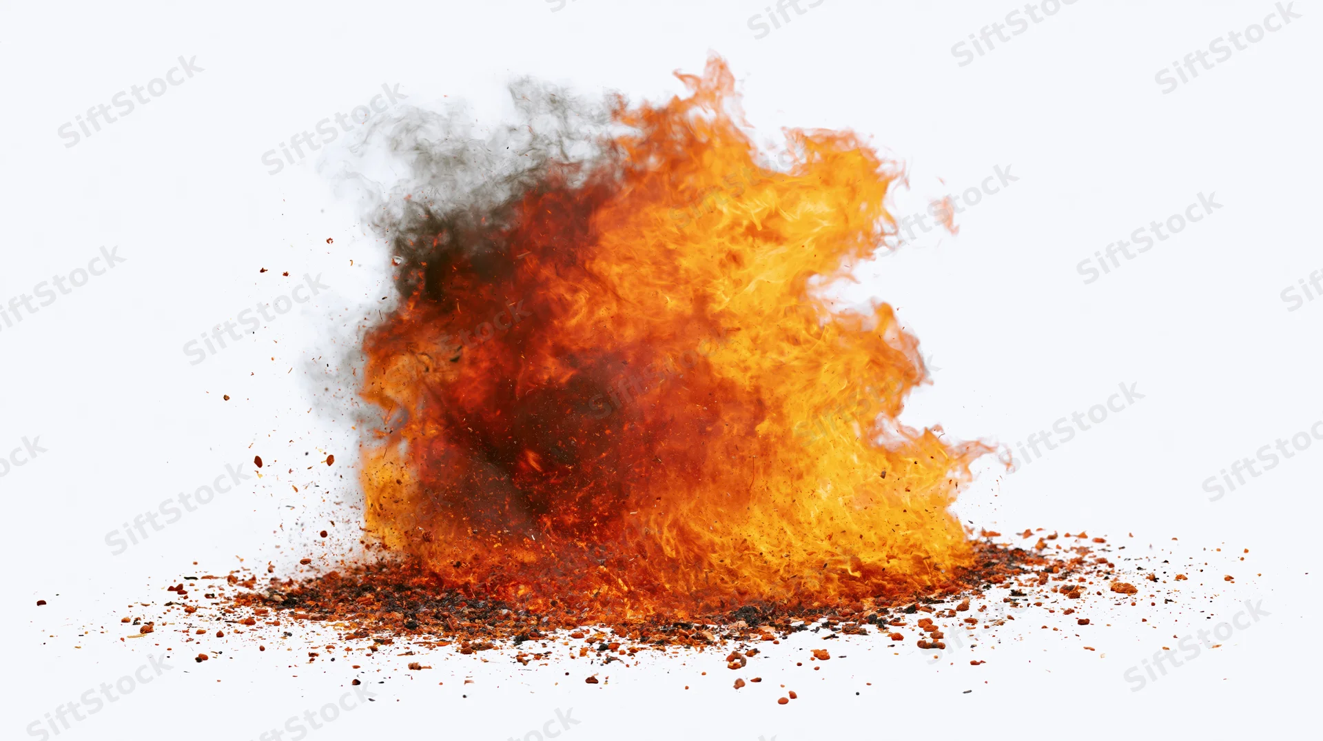 Intense fire explosion with smoke and debris on white background