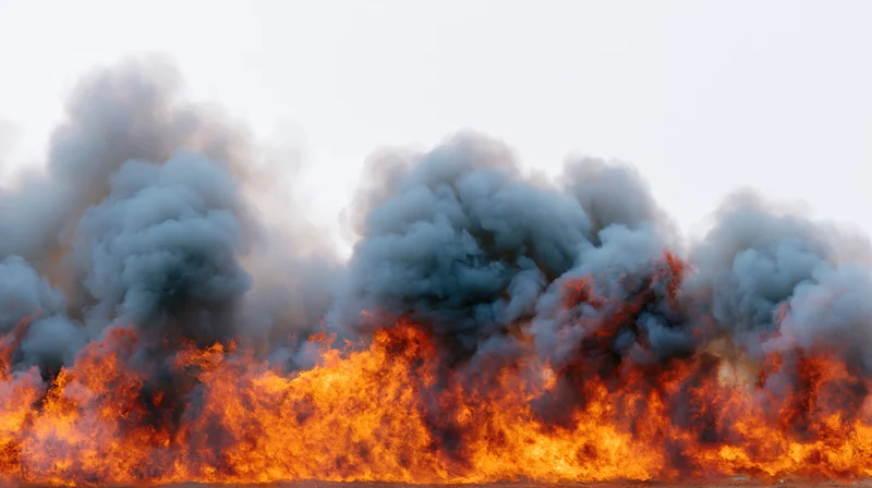 Intense flames burning across the horizon with thick smoke rising into the sky