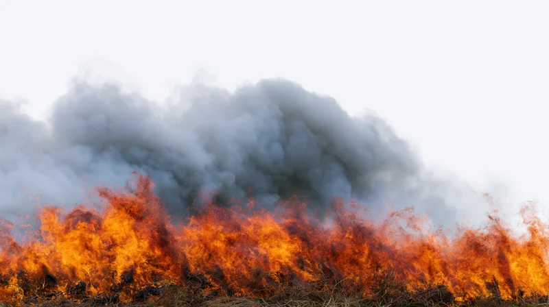 Intense fire burning across dry vegetation under a smoky sky