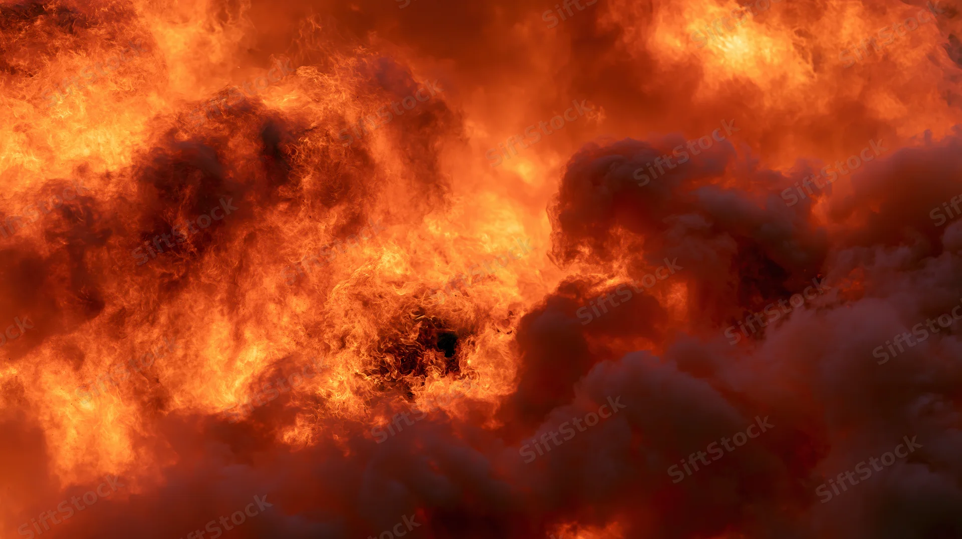 Billowing flames and smoke filling the frame in a large open fire