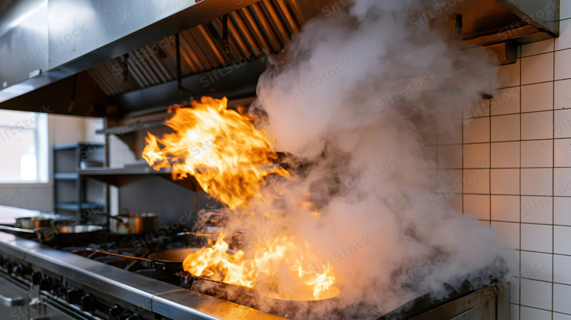 Large open flame erupting from a pan on a commercial gas stove in a restaurant kitchen