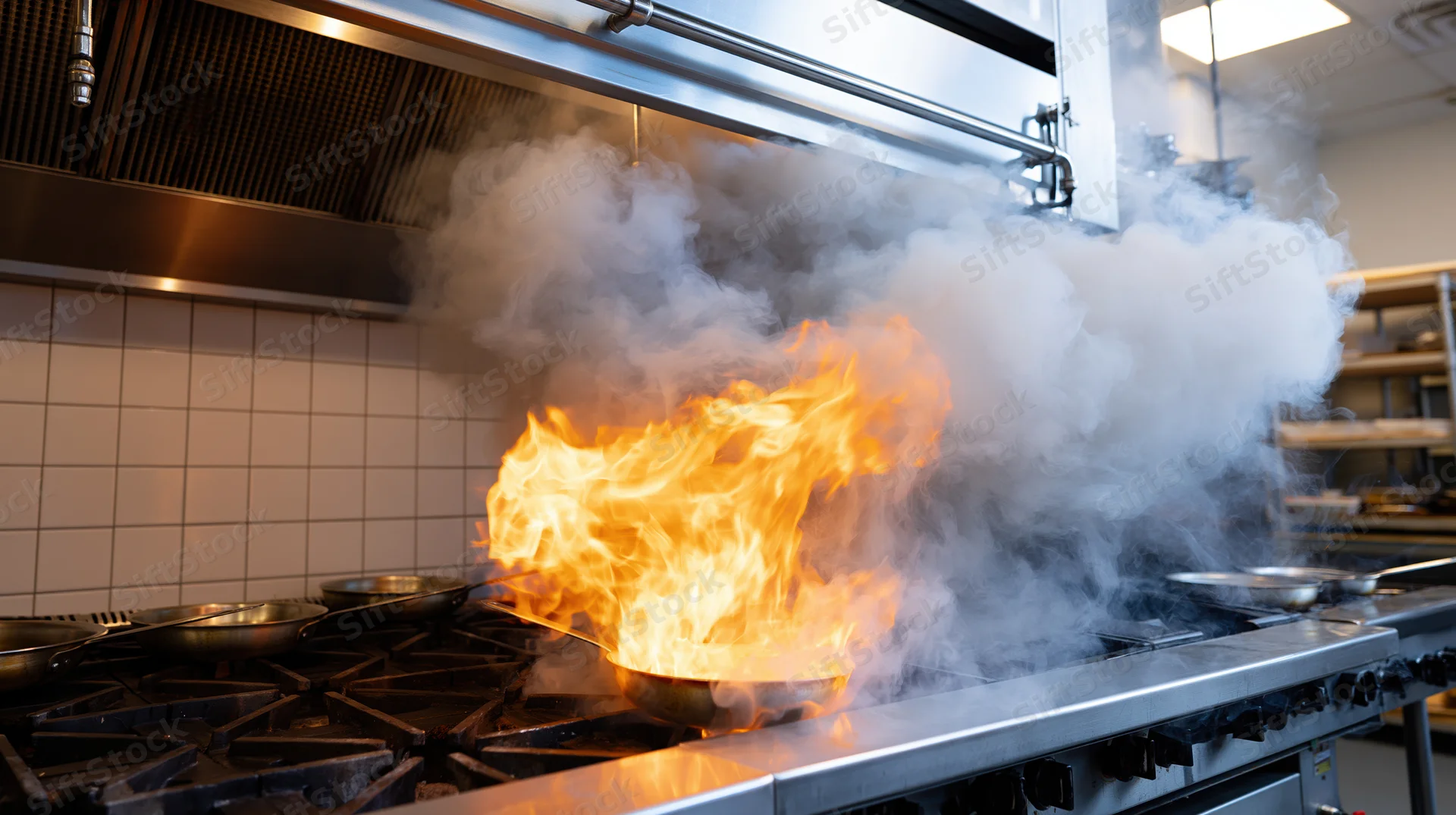 Large flame erupting from a pan on a commercial gas stove in a restaurant kitchen
