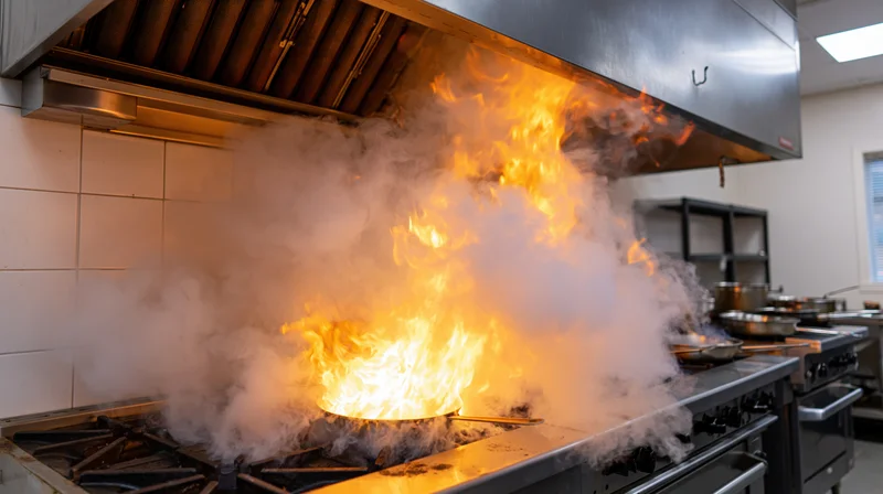 Large flame erupting from a pan on a commercial gas stove in a restaurant kitchen