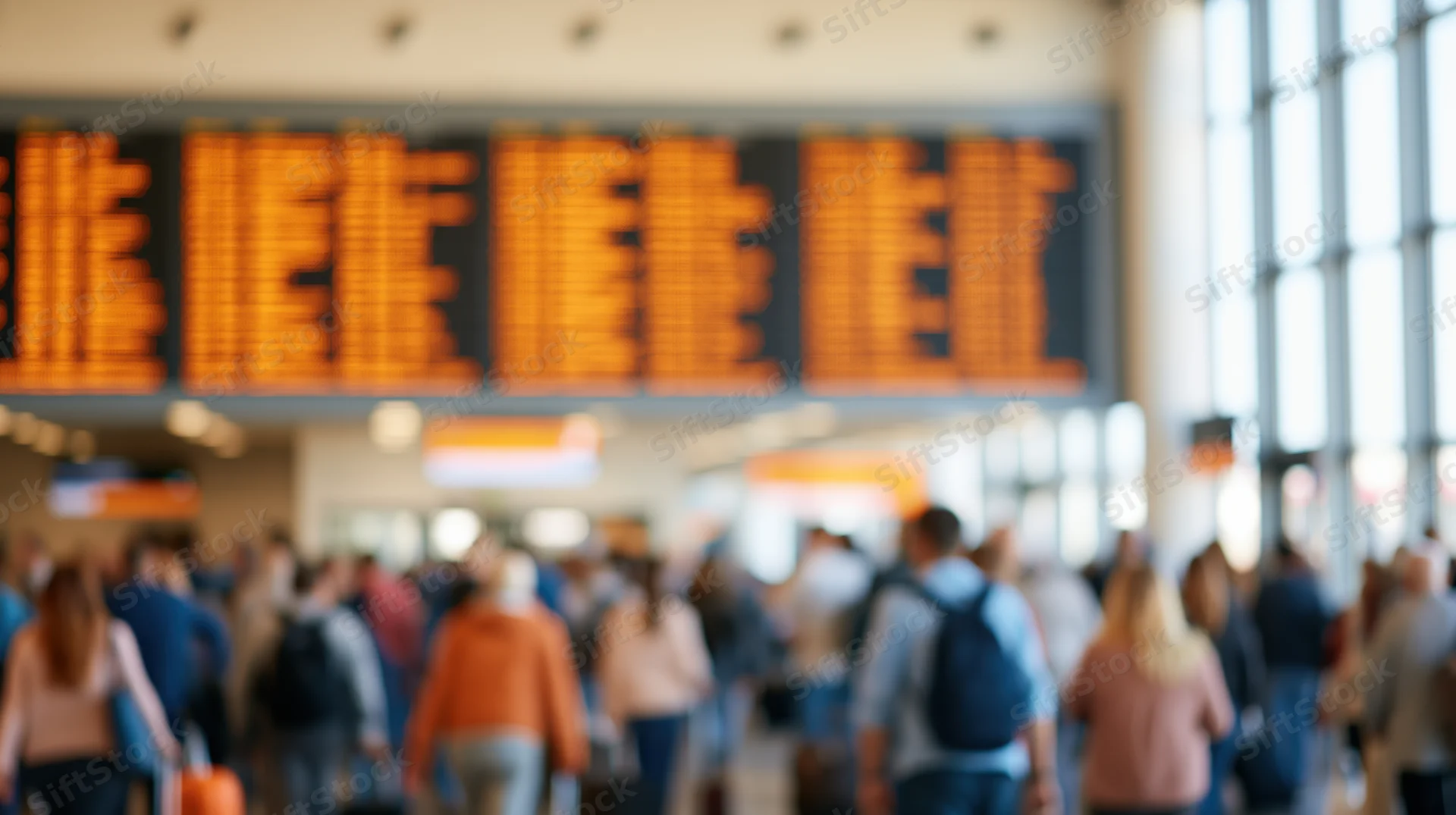 Blurred view of travelers moving through airport terminal with large orange led departure board above