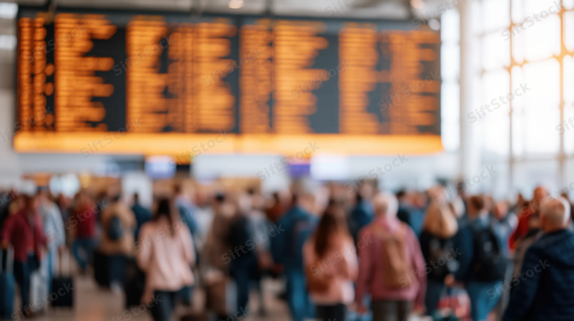 Crowd of travelers moving through airport terminal under large orange led departure board