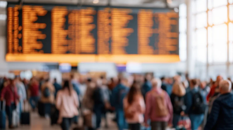 Crowd of travelers moving through airport terminal under large orange led departure board