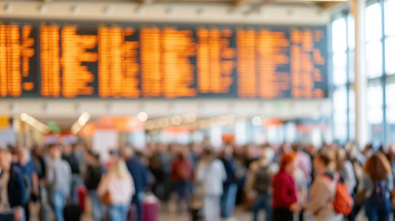 Blurred crowd of travelers in airport terminal below large orange led flight departure board