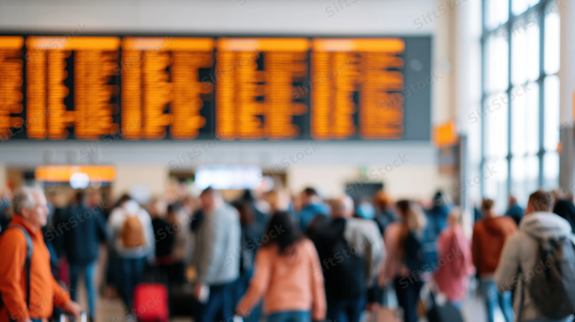 Travelers moving through airport terminal below large orange led departure board