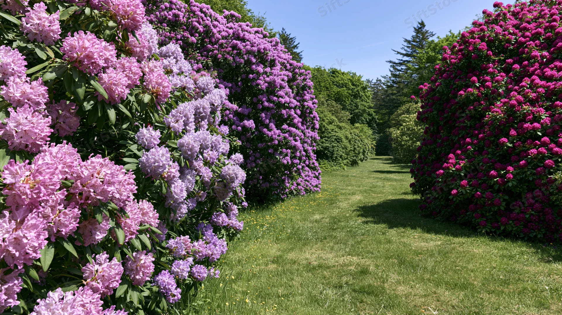 Rhododendron shrubs in full bloom lining a grass path in a garden