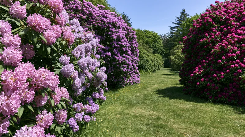 Rhododendron shrubs in full bloom lining a grass path in a garden