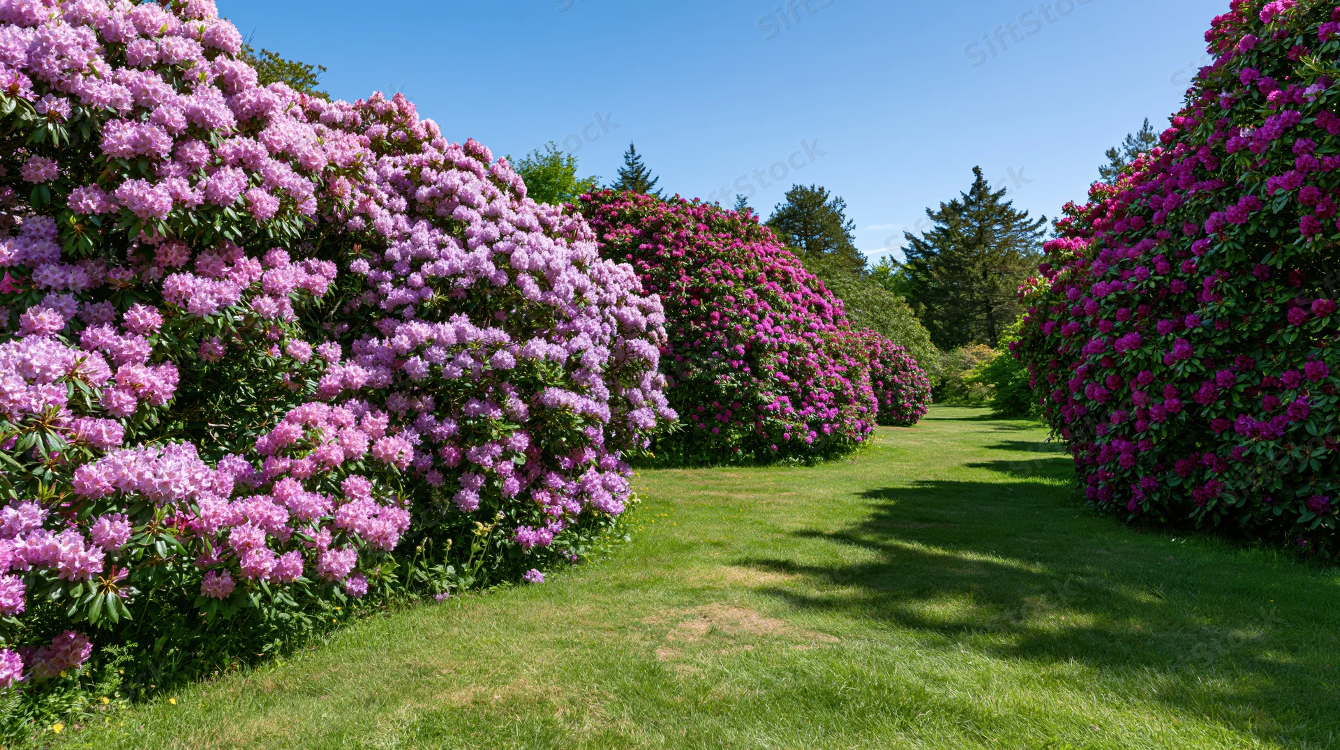 Rhododendron shrubs in full bloom lining a grass path in a garden