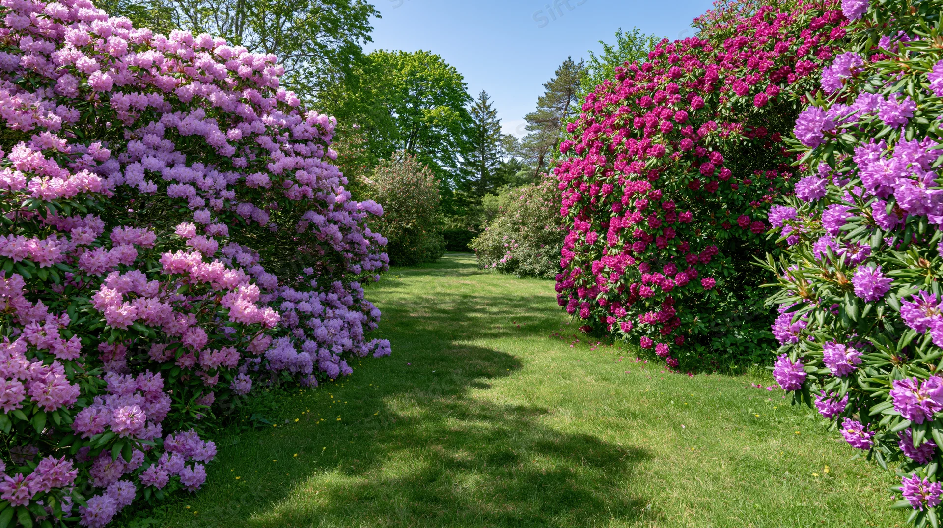 Rhododendron shrubs in full bloom lining a grass path in a garden
