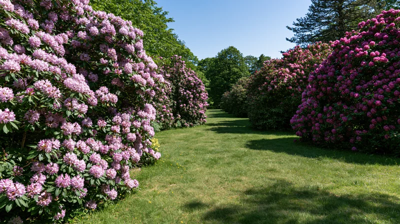 Rhododendron shrubs in full bloom lining a grass path in a garden