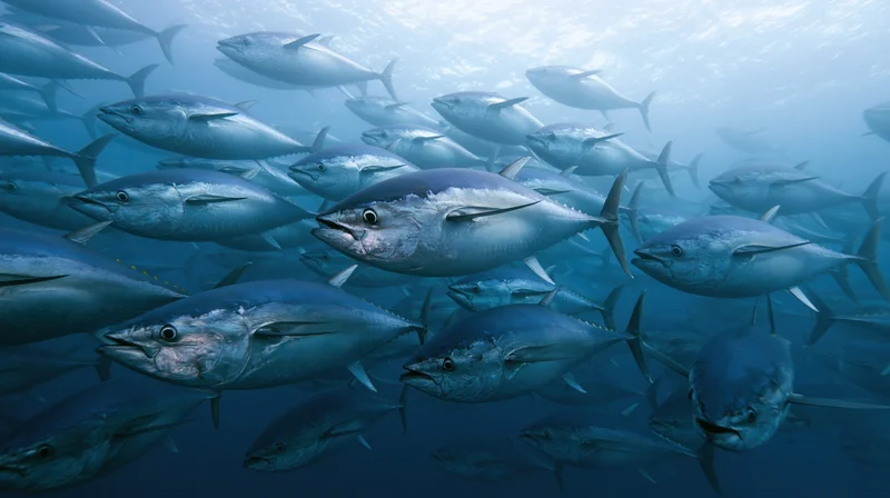 Large school of atlantic bluefin tuna swimming in formation underwater in the ocean