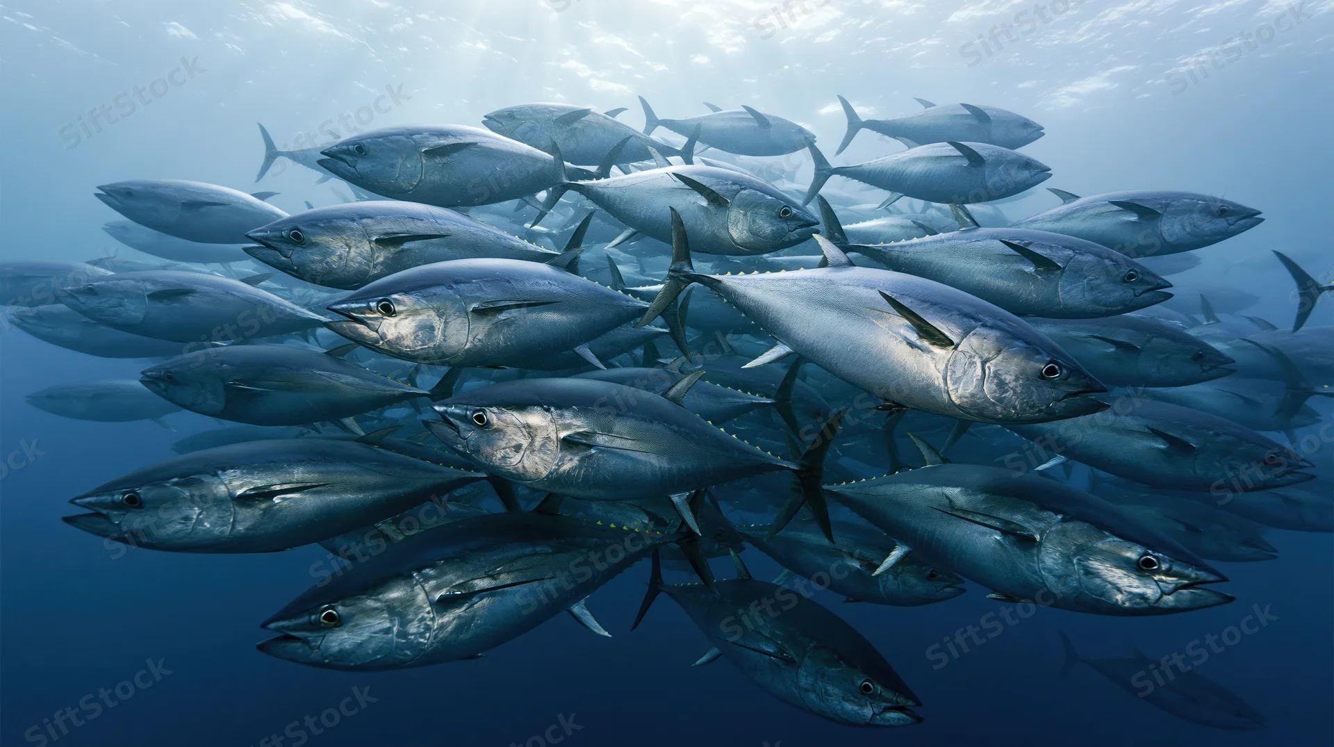 Large school of atlantic bluefin tuna swimming in synchronized formation underwater in the ocean