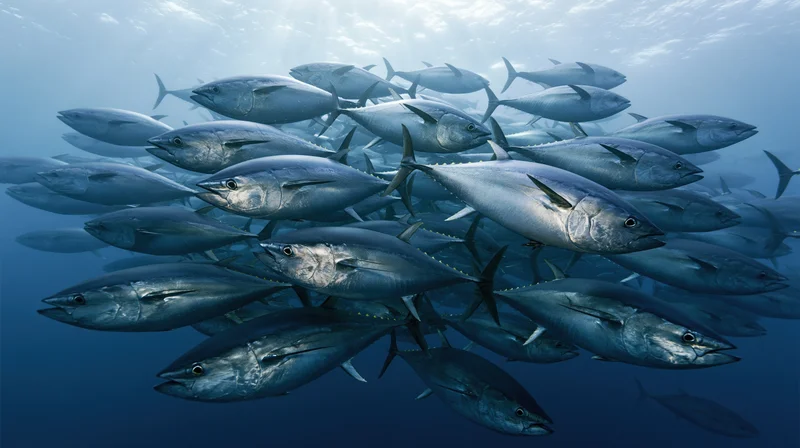 Large school of atlantic bluefin tuna swimming in synchronized formation underwater in the ocean