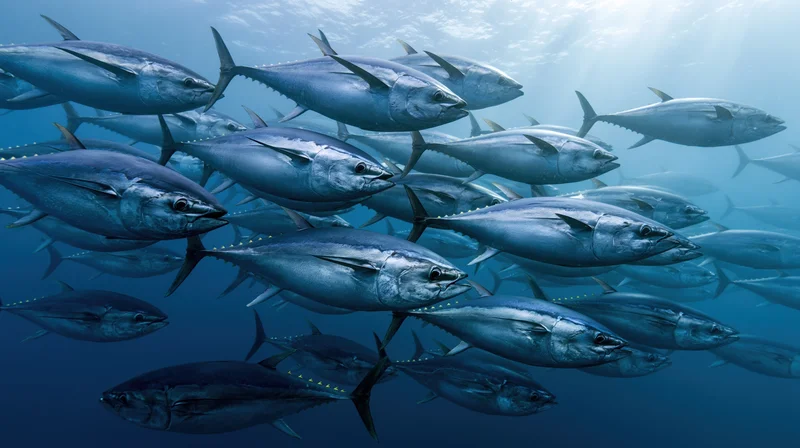 Large school of atlantic bluefin tuna swimming in synchronized formation underwater in the open ocean