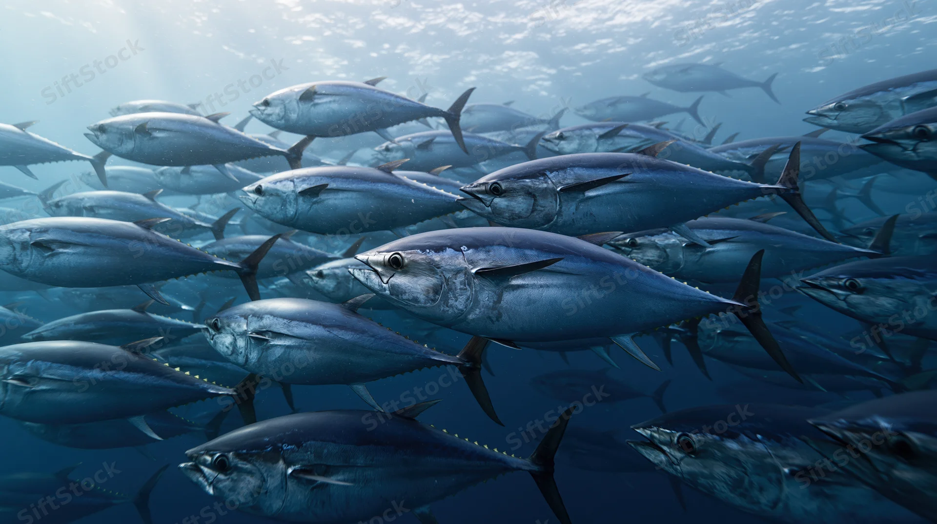 Large school of atlantic bluefin tuna swimming in formation underwater in deep ocean
