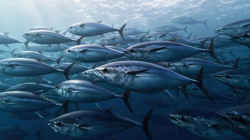 Large school of atlantic bluefin tuna swimming in formation underwater in deep ocean