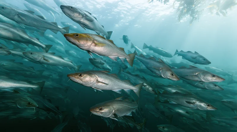 Large school of atlantic cod and salmon swimming underwater in the ocean