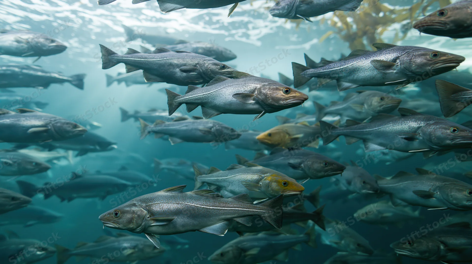Large school of cod and salmon swimming underwater in the ocean