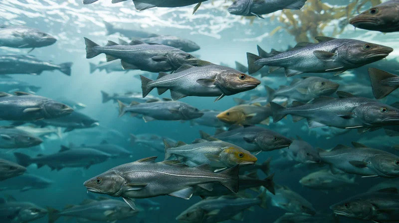 Large school of cod and salmon swimming underwater in the ocean