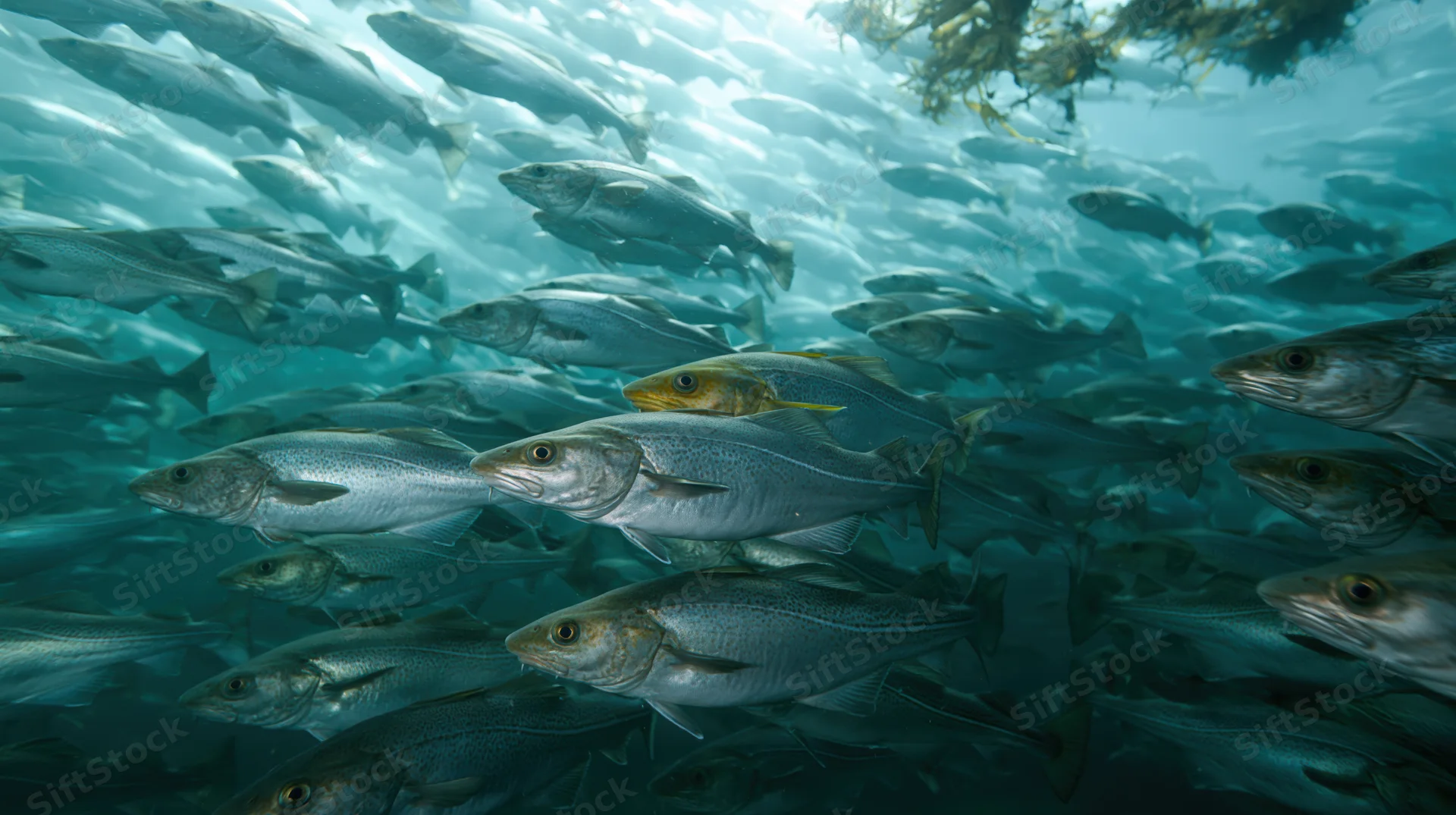 Large school of atlantic cod and salmon swimming underwater in the ocean near kelp