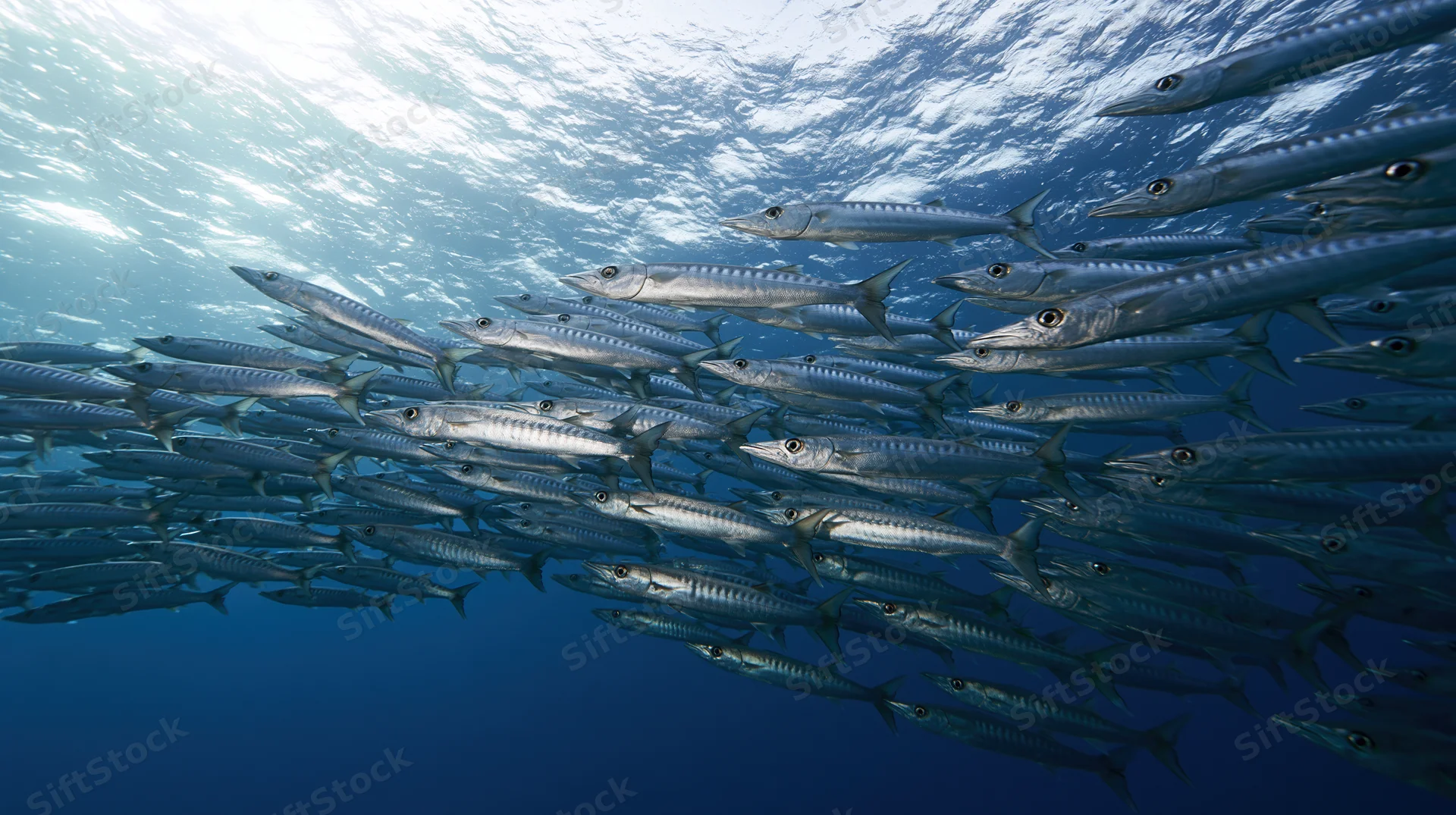 Large school of barracuda swimming in formation underwater near the ocean surface
