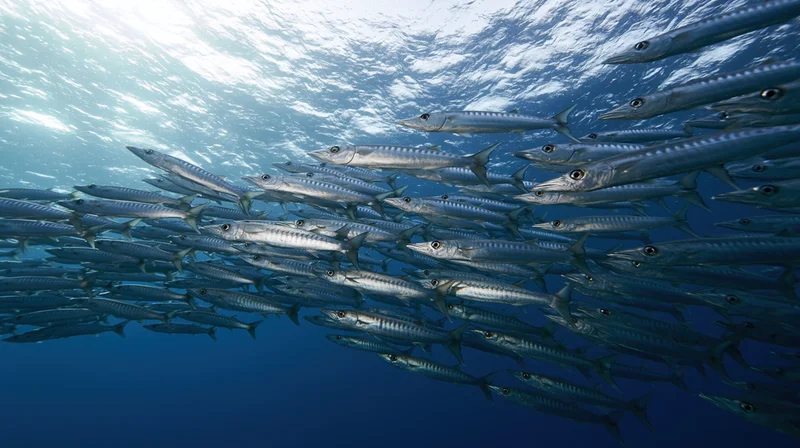 Large school of barracuda swimming in formation underwater near the ocean surface