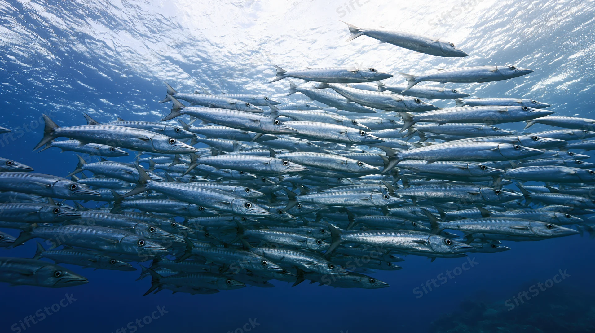 Large school of barracuda swimming in synchronized formation underwater near ocean surface