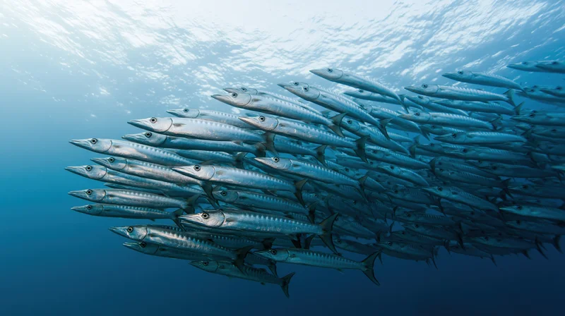 Large school of barracuda swimming in synchronized formation underwater near ocean surface