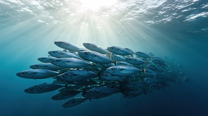 School of mackerel swimming underwater in ocean with sunlight rays piercing the water