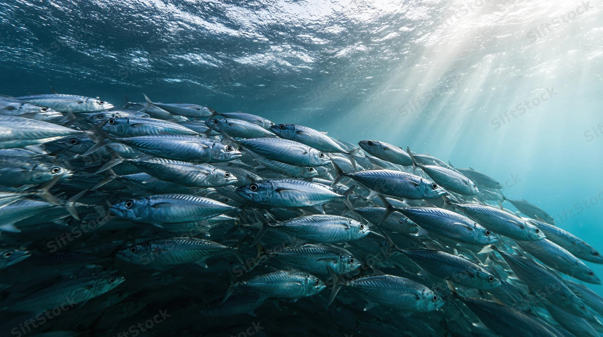Large school of mackerel swimming underwater beneath sunlit ocean surface