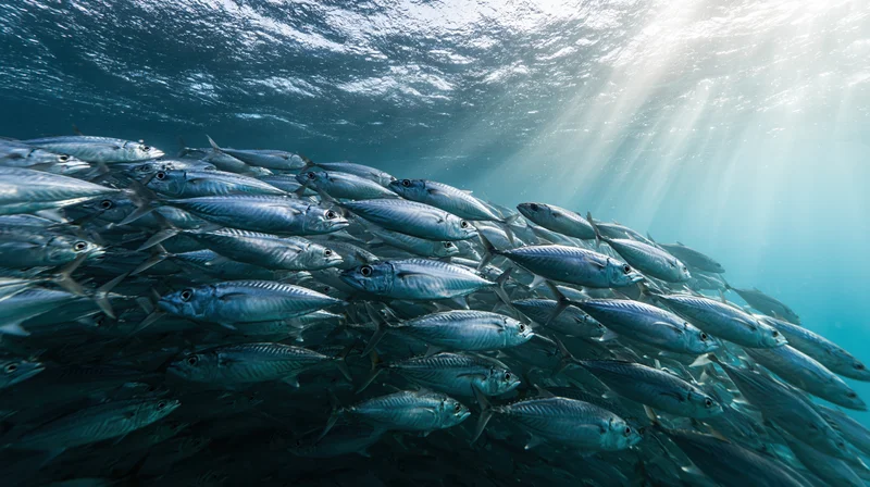 Large school of mackerel swimming underwater beneath sunlit ocean surface