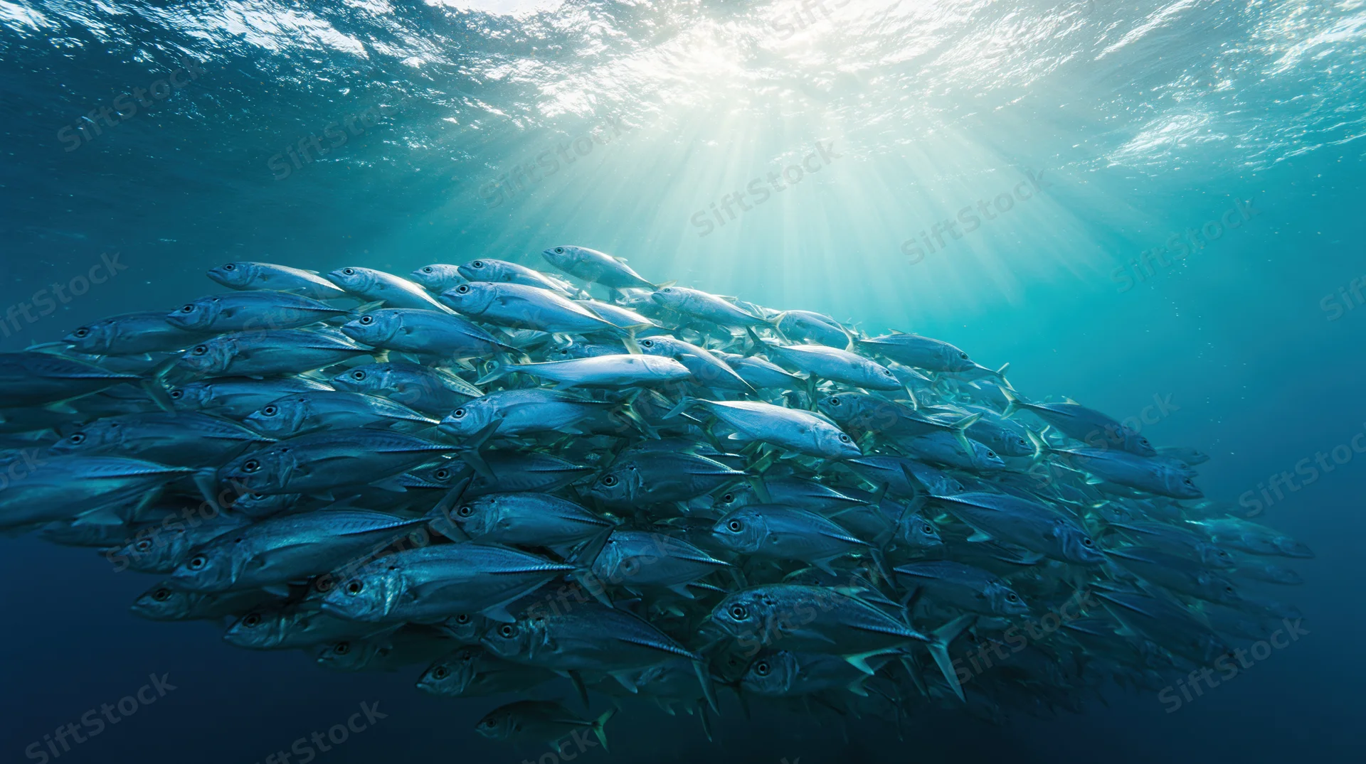 Large school of tuna or mackerel swimming underwater in the ocean with sunlight rays penetrating the water surface