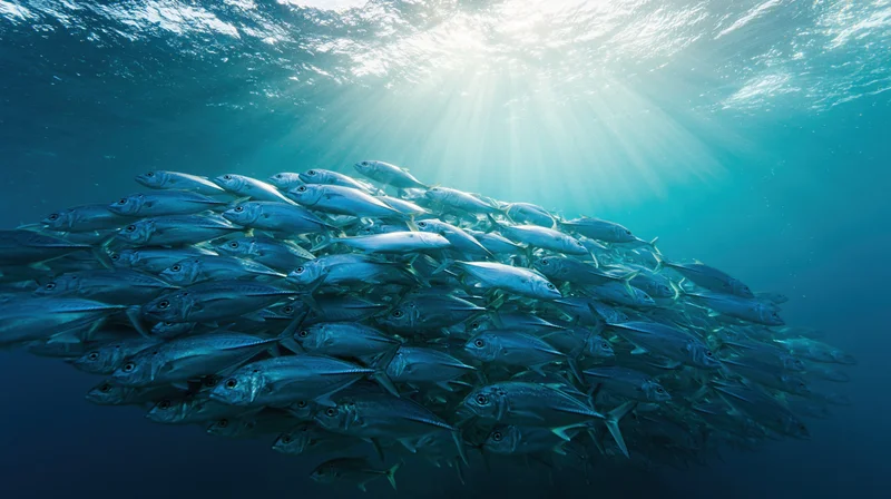 Large school of tuna or mackerel swimming underwater in the ocean with sunlight rays penetrating the water surface