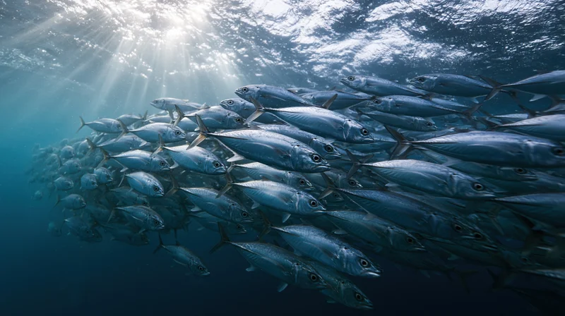 Large school of tuna swimming underwater in the ocean with sunlight rays penetrating the water surface