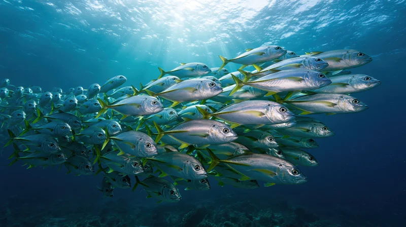 Large school of silver-green jack fish swimming in loose formation underwater in the ocean