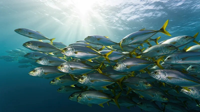 Large school of silver-green jack fish swimming in loose formation underwater with sunlight rays filtering through the water