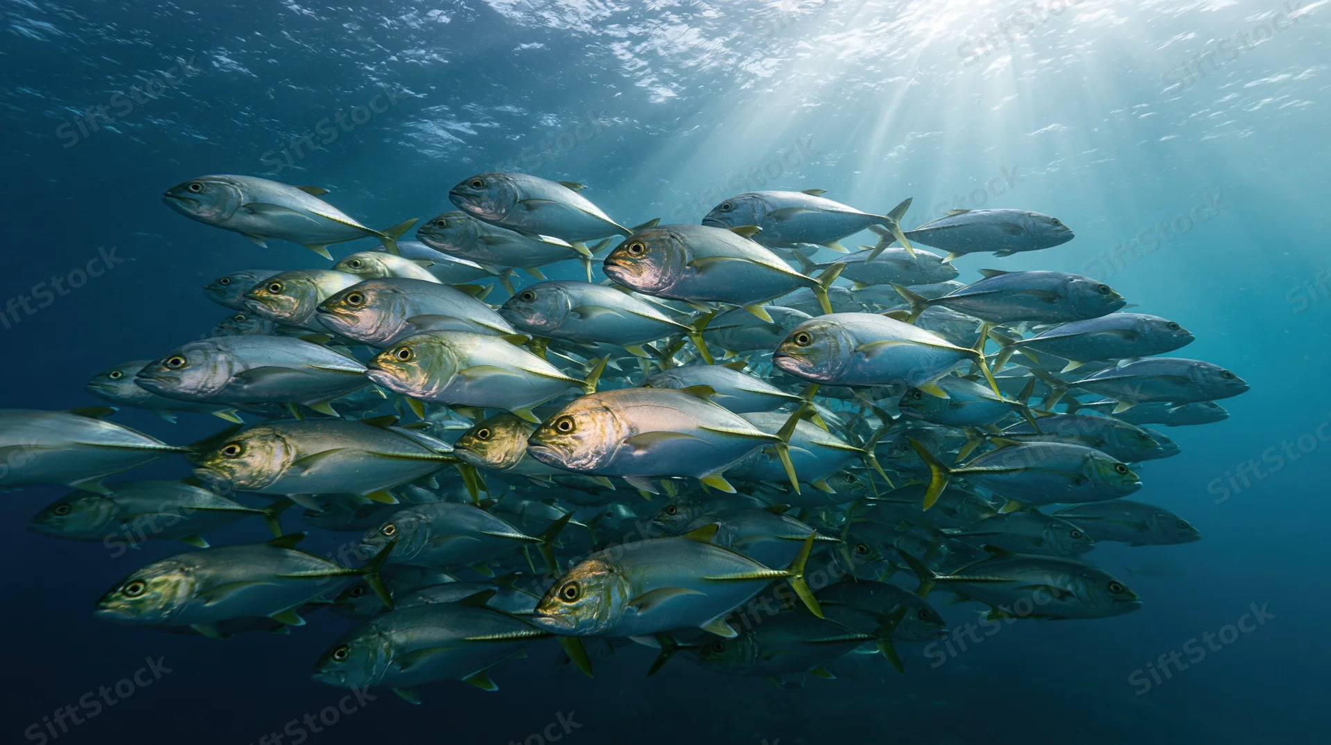Large school of silver-green jack fish swimming in loose formation underwater in the ocean