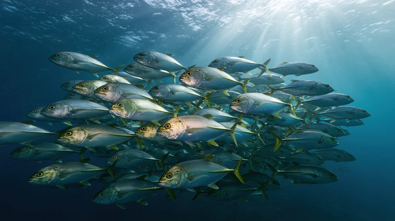 Large school of silver-green jack fish swimming in loose formation underwater in the ocean