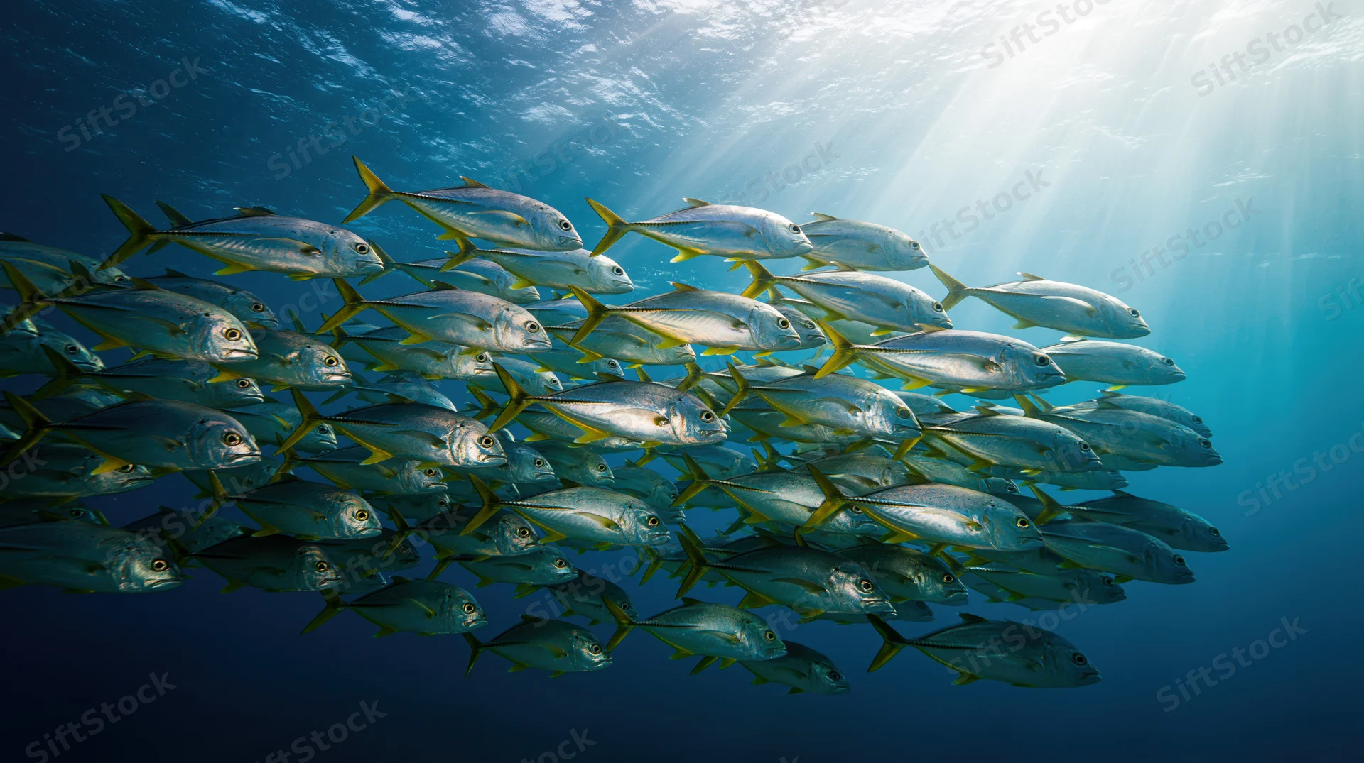 Large school of silver-green jack fish swimming in loose formation underwater in deep blue ocean with sunlight rays filtering through water