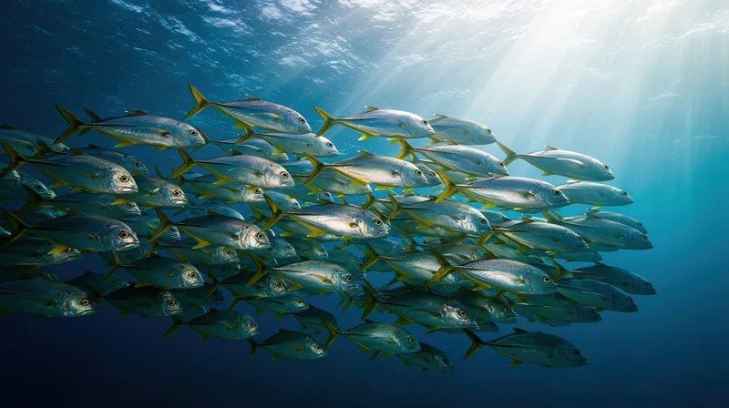 Large school of silver-green jack fish swimming in loose formation underwater in deep blue ocean with sunlight rays filtering through water