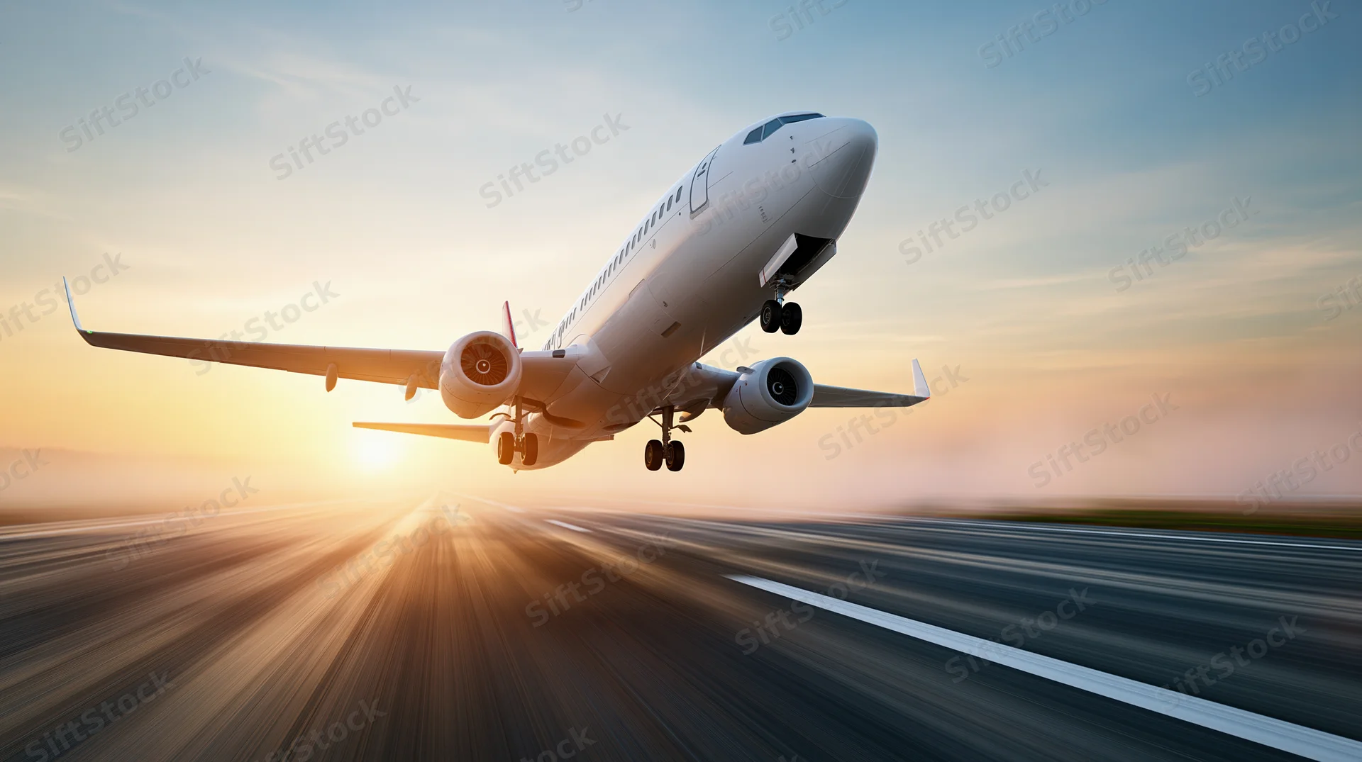 White commercial jet lifting off runway at sunrise with motion blur on tarmac